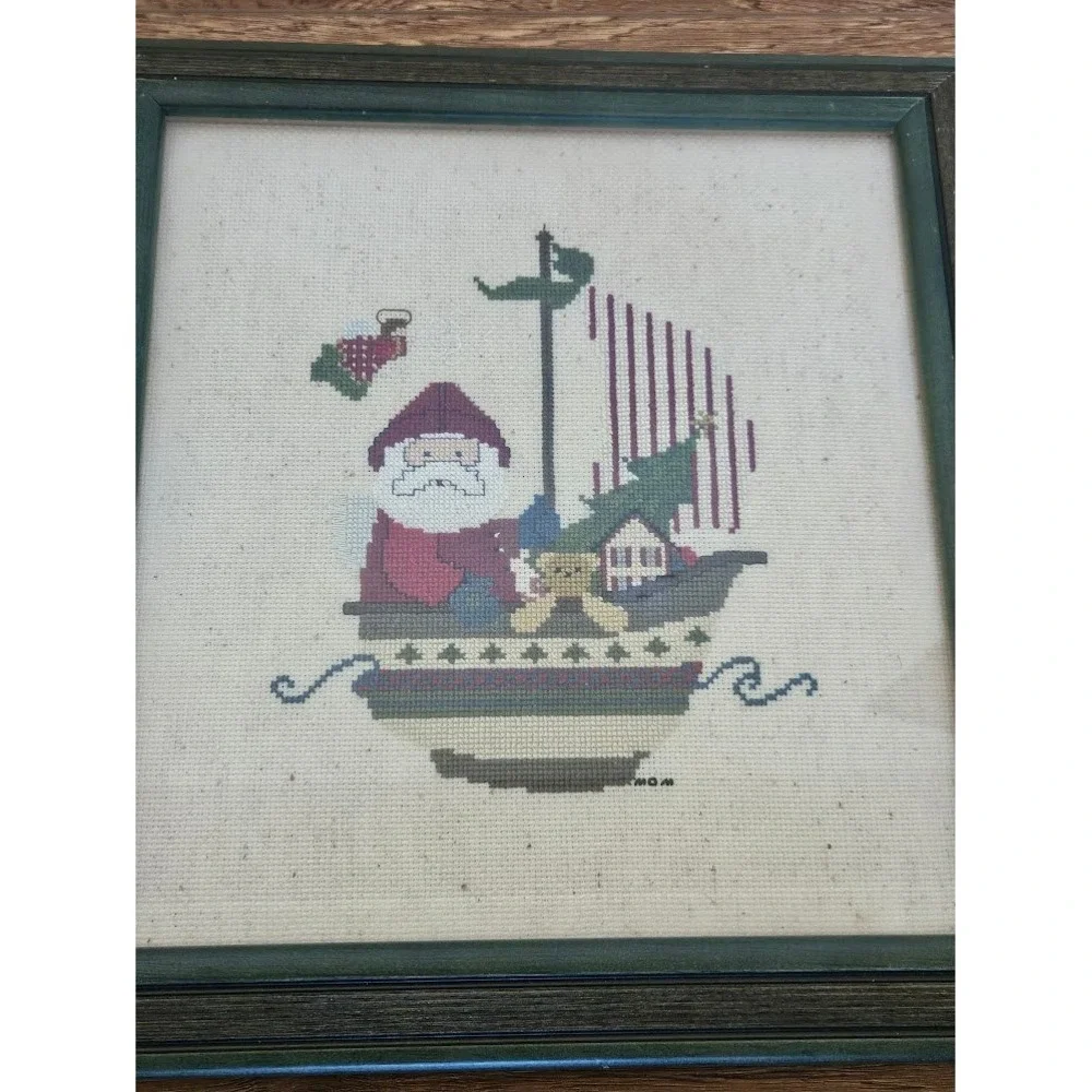 Vintage Santa Ship Cross Stitch Framed Needlepoint Christmas Folk Wall Hanging